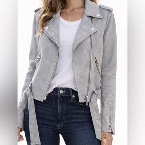 Zara Blue Gray Suede Moto Jacket Belted Cropped Biker Jacket Size Large
